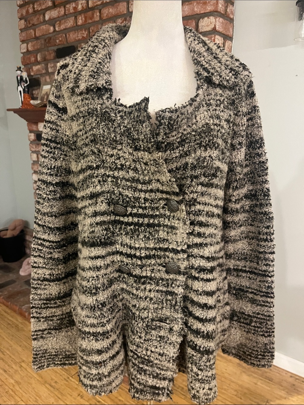 Free People Black and Cream Bouclé Double-Breasted Peacoat